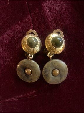 Gold-Tone Drop Earrings with Olive and Gray Stone Discs